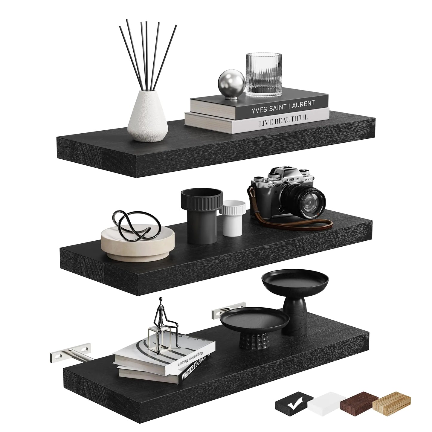 3-Pack Black Floating Shelves for Wall
