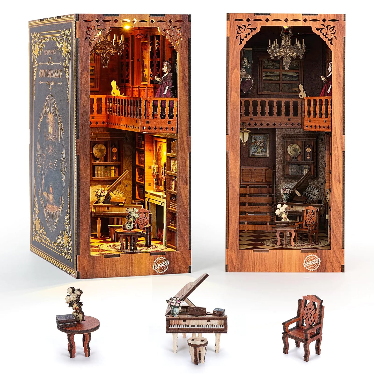 ITEFDTUTNE DIY Book Nook Kit for Adults – GRIMMS Small Building Miniature Dollhouse with LED Light | 3D Wooden Puzzle Bookshelf Insert Craft Decor Gift