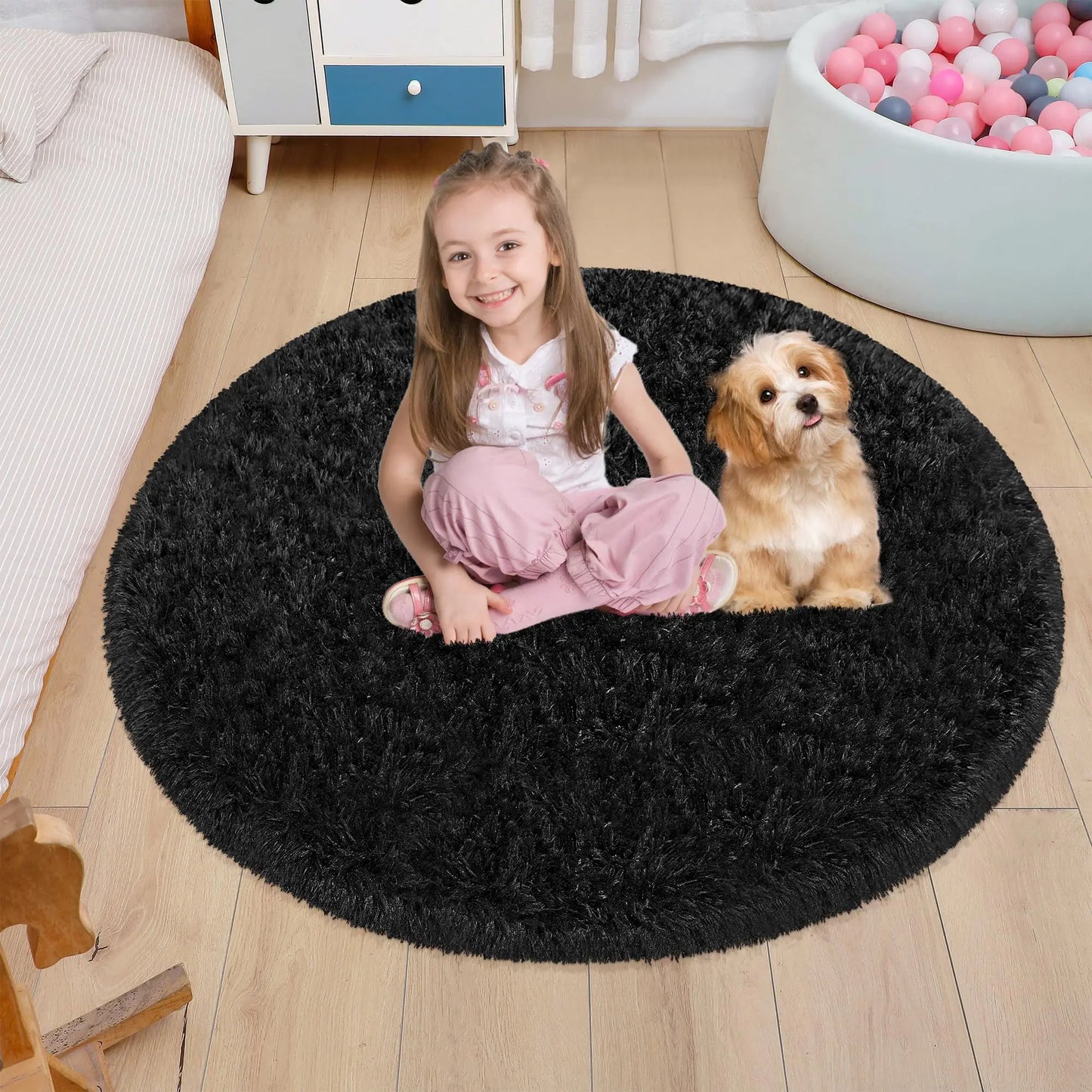 Fixseed 4ft Round Black Fluffy Rug